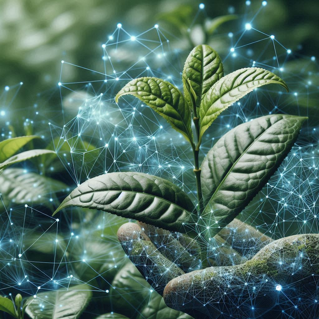 TEAORB - A conceptual image of plant intelligence, showing a tea plant with neural network-like patterns overlaying its leaves, symbolizing its ability to perceive and respond to stimuli.